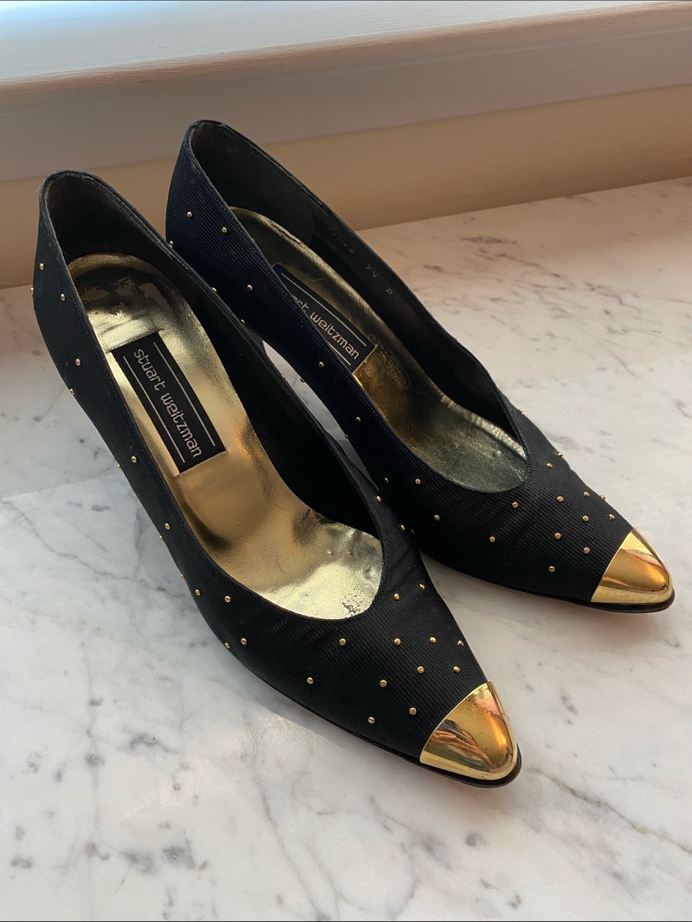 Stuart Weitzman Black Pumps with Gold Cap Toe and Studs
